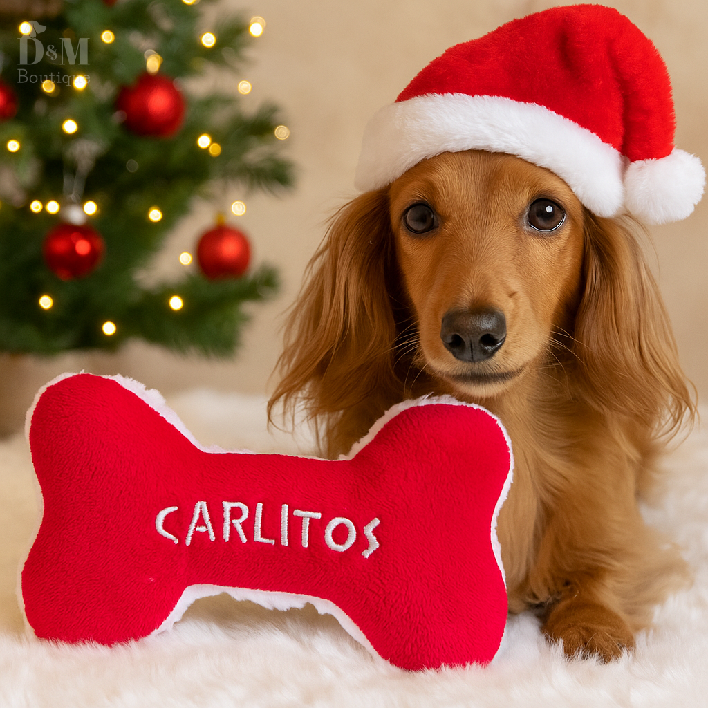 Dog wearing a Santa hat with a red bone-shaped toy in front of a Christmas tree.