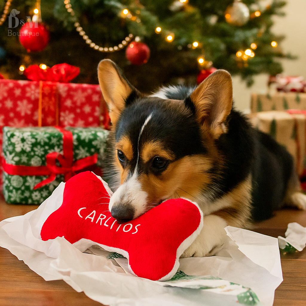 Dog playing with a red bone-shaped toy in front of a Christmas tree and presents.