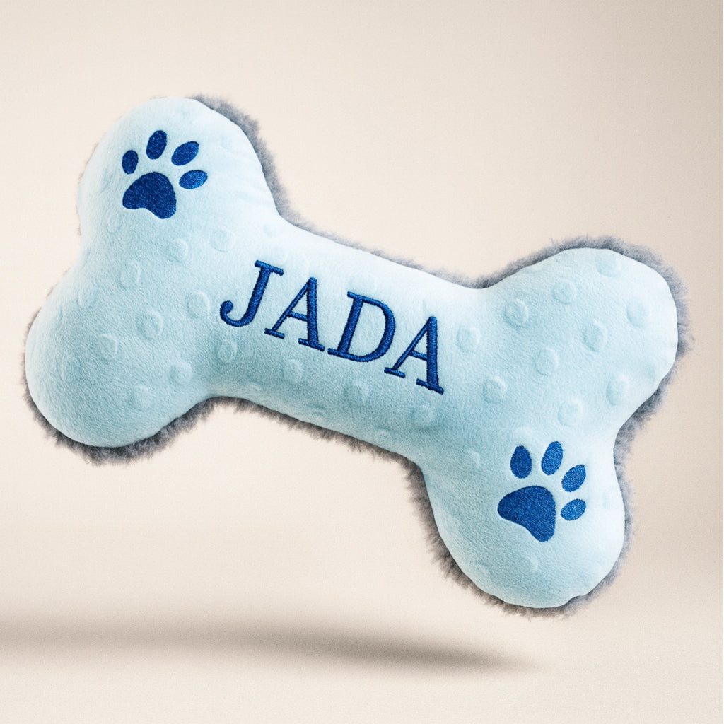 Blue bone-shaped pet toy with 'JADA' branding on a beige background
