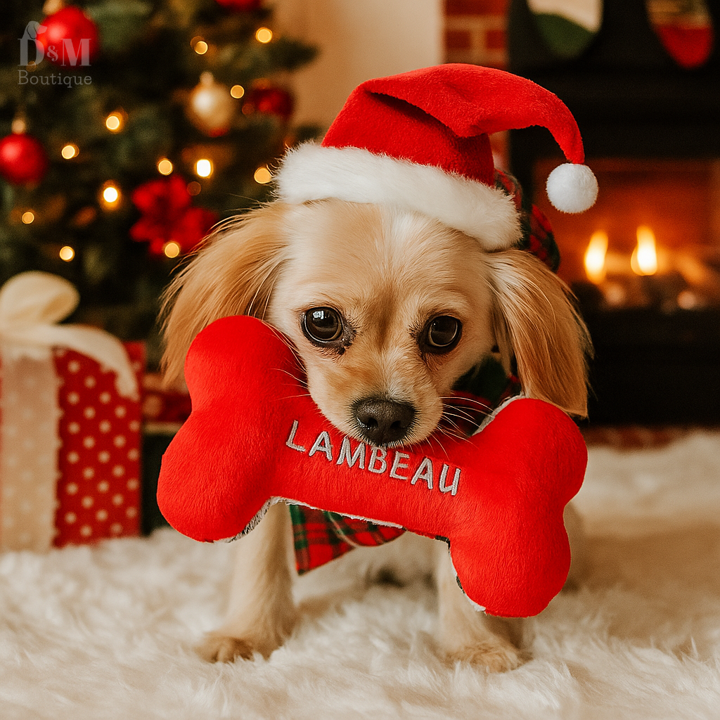 Dog wearing a Santa hat holding a red bone-shaped toy with 'Lambeau' on it, in front of a Christmas tree and fireplace.