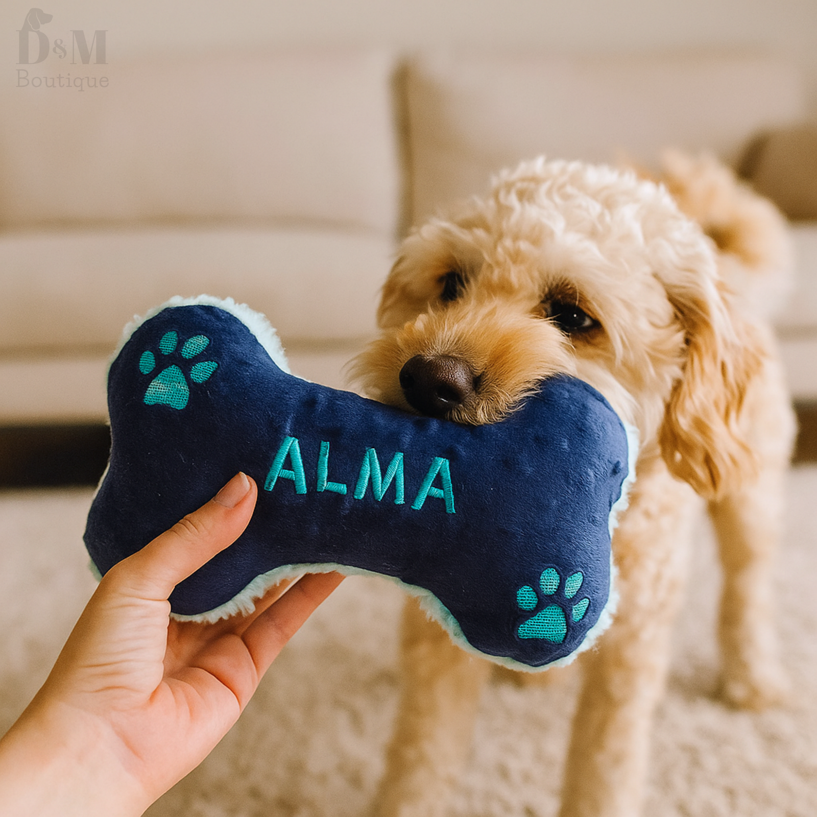 Dog holding a blue bone-shaped toy with 'ALMA' embroidered on it, in a home setting.