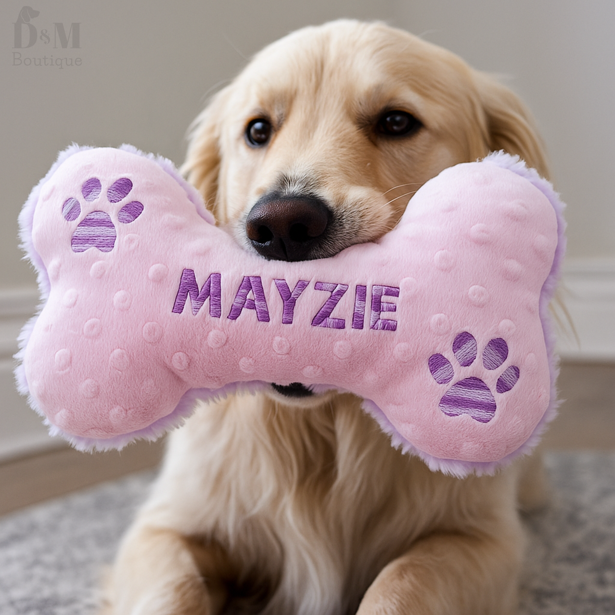 Dog holding a pink bone-shaped toy with 'MAYZIE' embroidered on it.