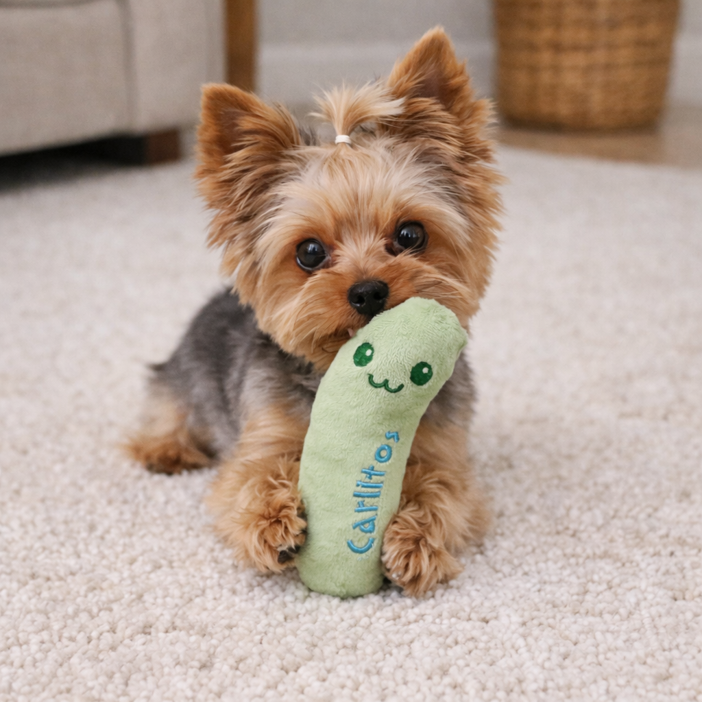 Small dog holding a green toy with a visible brand logo on a carpeted floor.