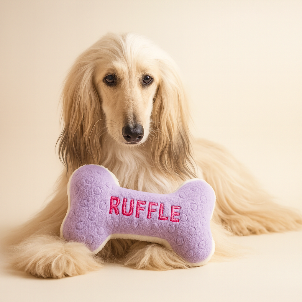 Dog with a purple bone-shaped toy labeled 'RUFFLE' on a beige background
