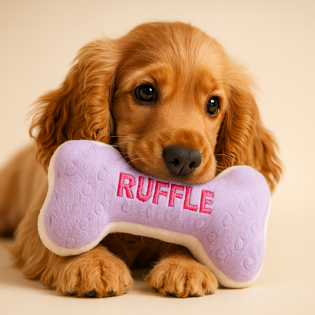Dog holding a purple bone-shaped toy with 'RUFFLE' embroidered on it.