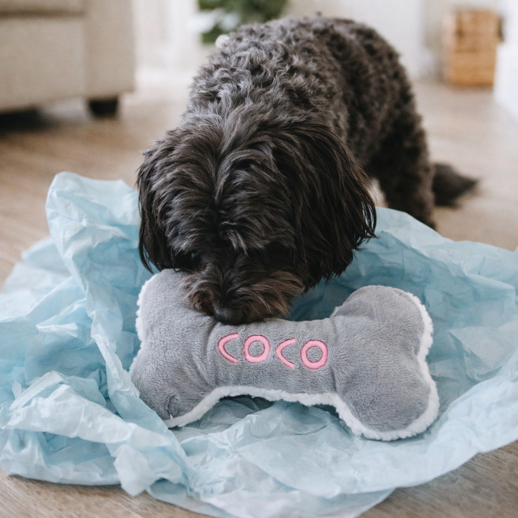 Dog playing with a bone-shaped toy labeled 'Coco' on a light blue blanket.