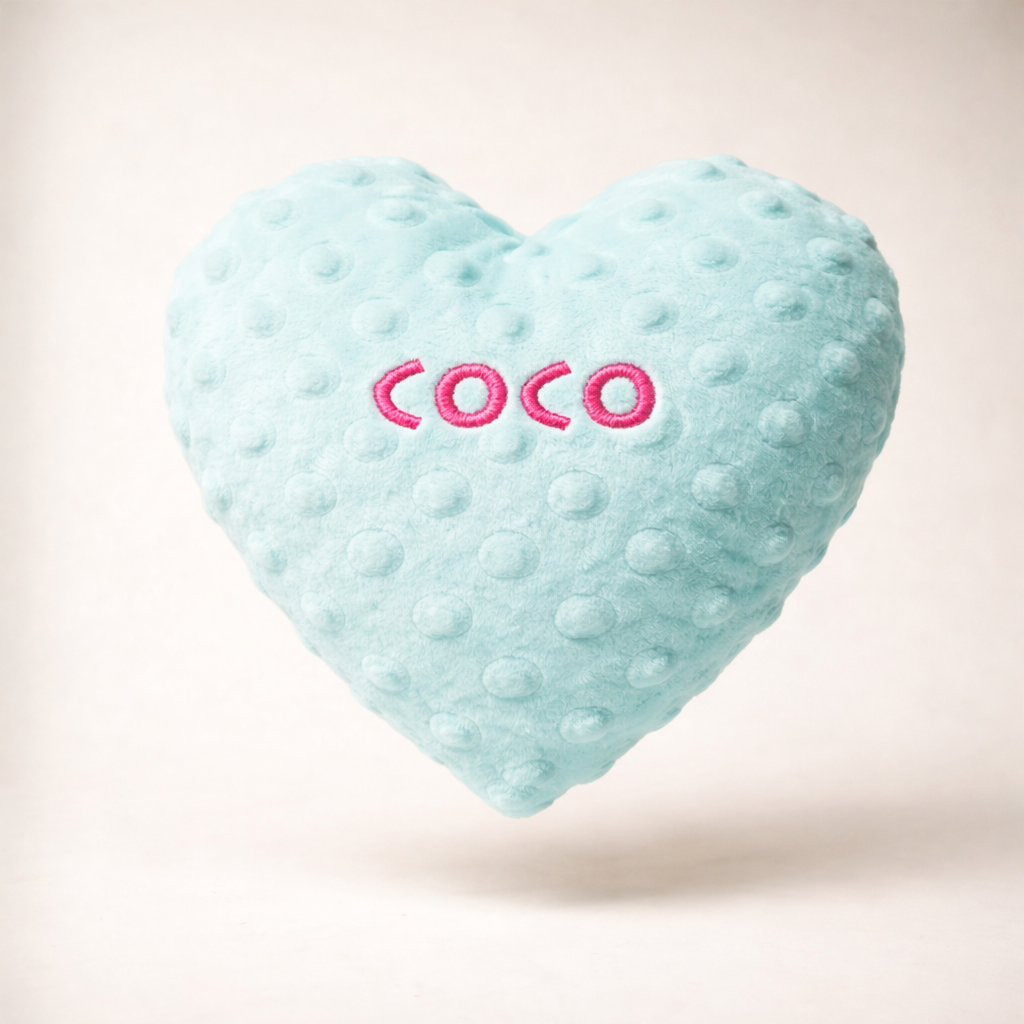 Heart-shaped light blue dog toy with 'COCO' embroidery on a white background