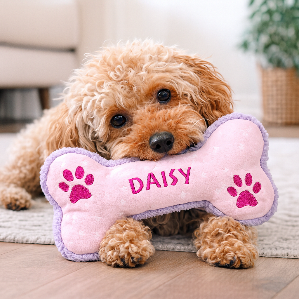 Dog holding a pink bone-shaped toy with 'DAISY' written on it, in a home setting.