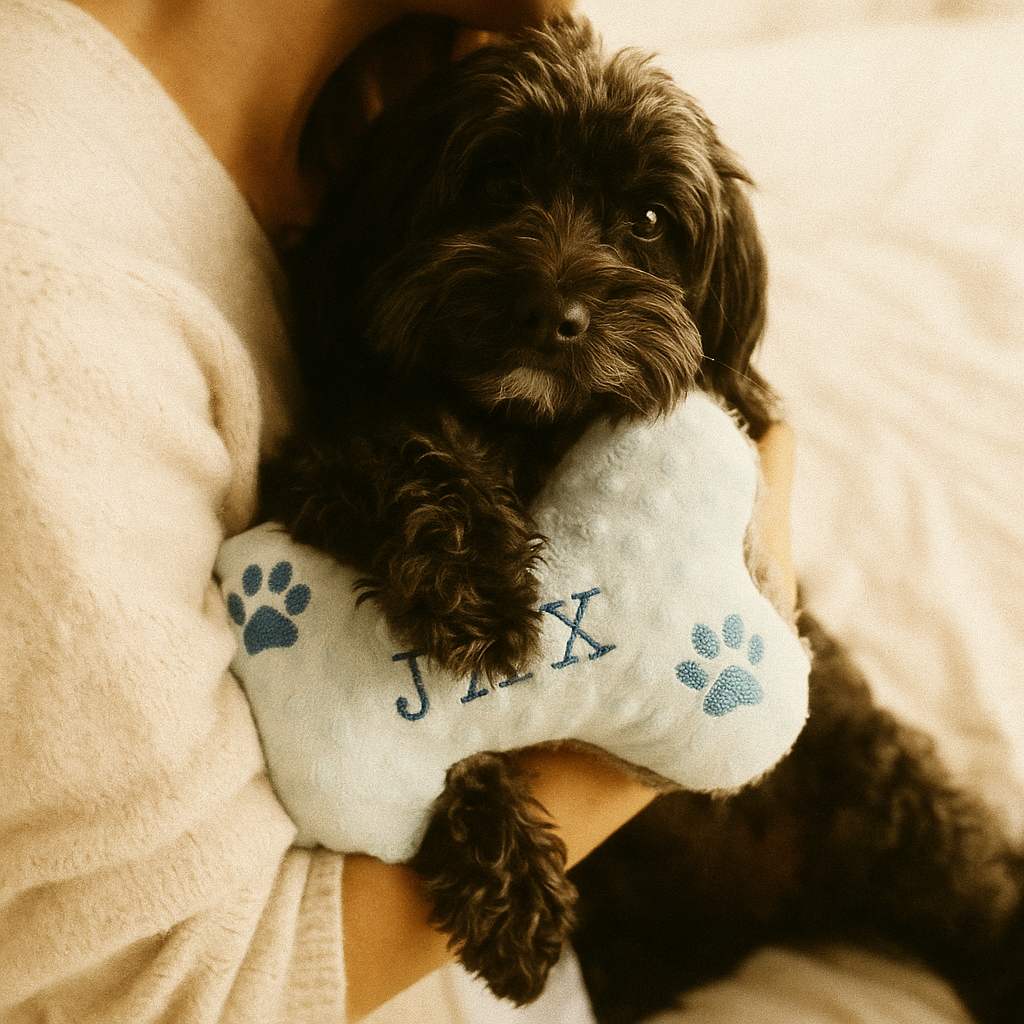 Small dog being held by a person with a plush toy labeled 'JAX' in a warm setting.