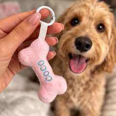 Pink bone-shaped dog toy with 'Coco' embroidered on it, held by a hand, with a dog in the background.