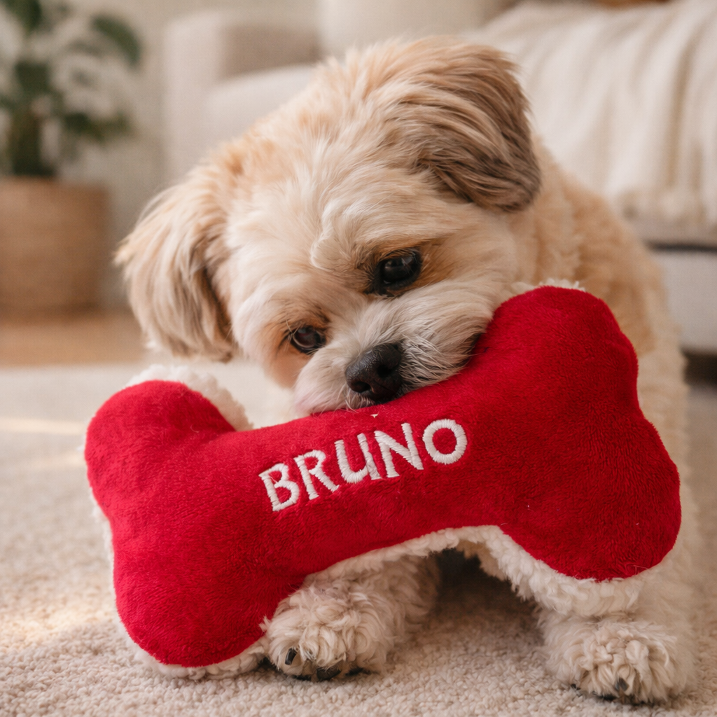 Dog playing with a red bone-shaped toy named 'Bruno' in a home setting.