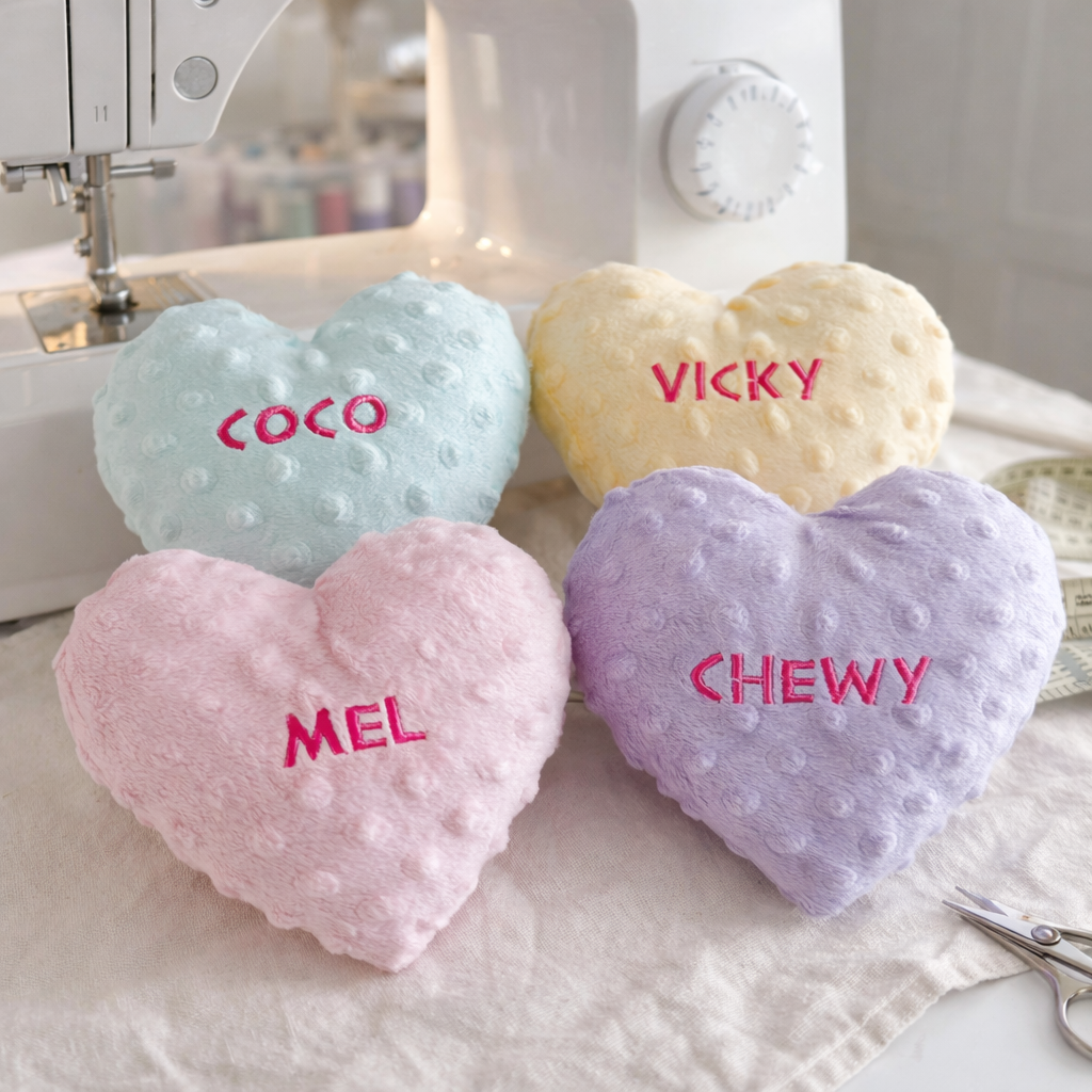 Heart-shaped dog toys with embroidered names on a sewing machine table