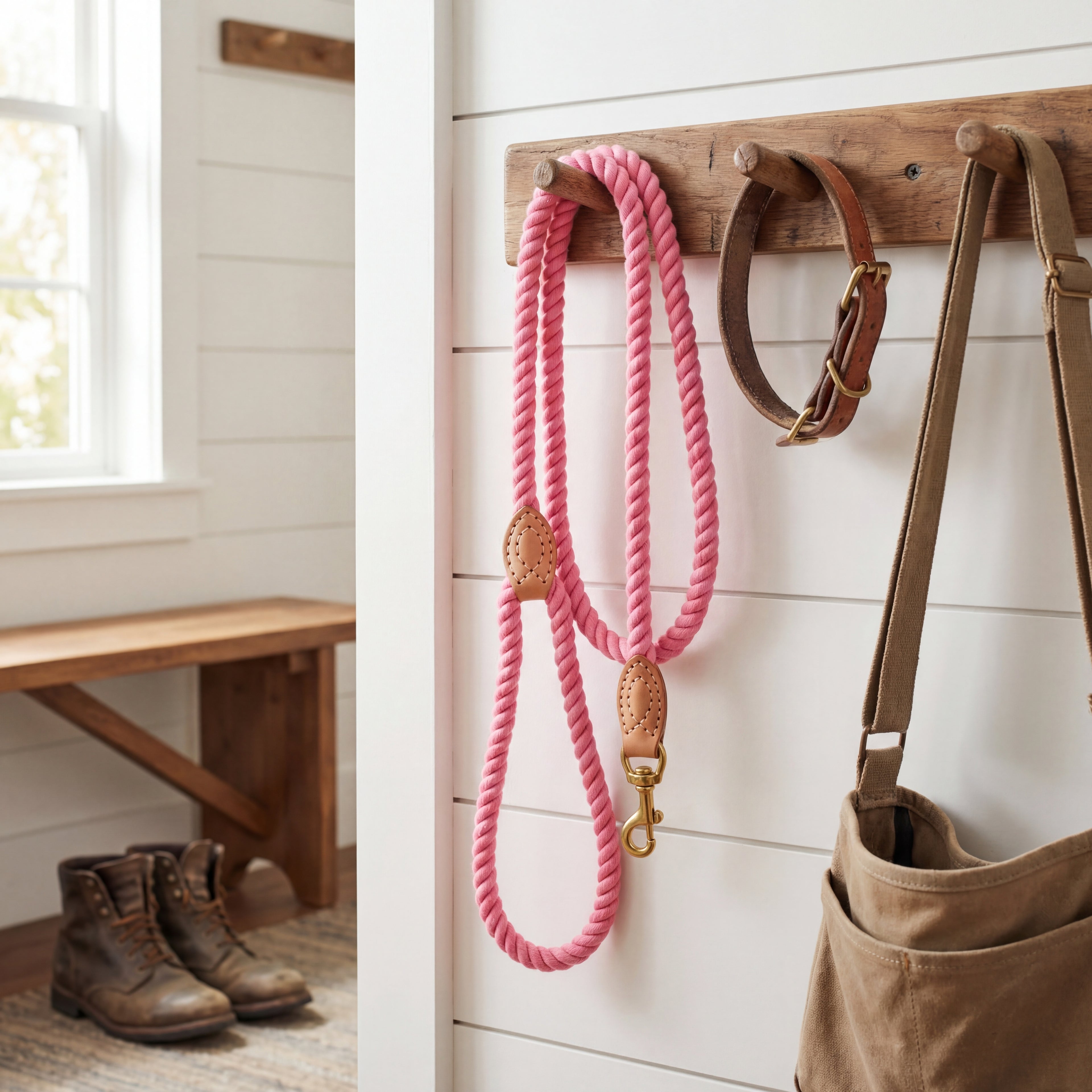 Pink dog leash with gold clasps hanging on a wooden hook against a white wall.