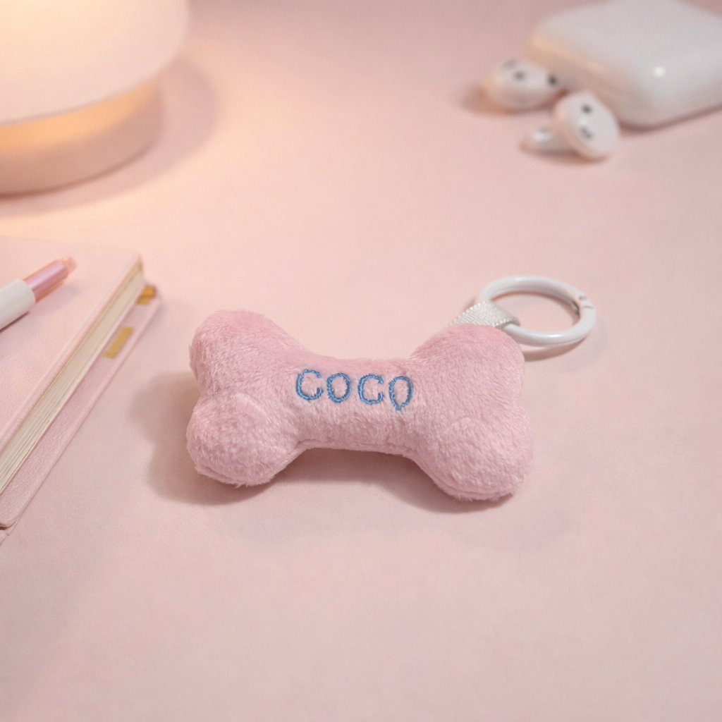 Pink bone-shaped toy with 'COCO' embroidery on a pink surface