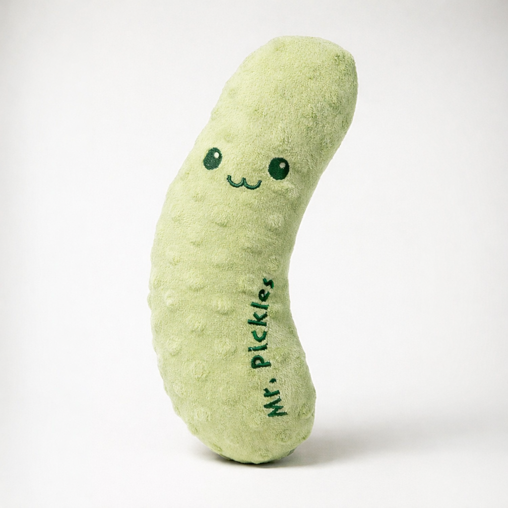 Plush pickle toy with a smiling face on a white background