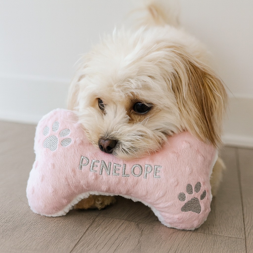 Small dog with a pink bone-shaped pillow named 'Penelope' on a wooden floor.