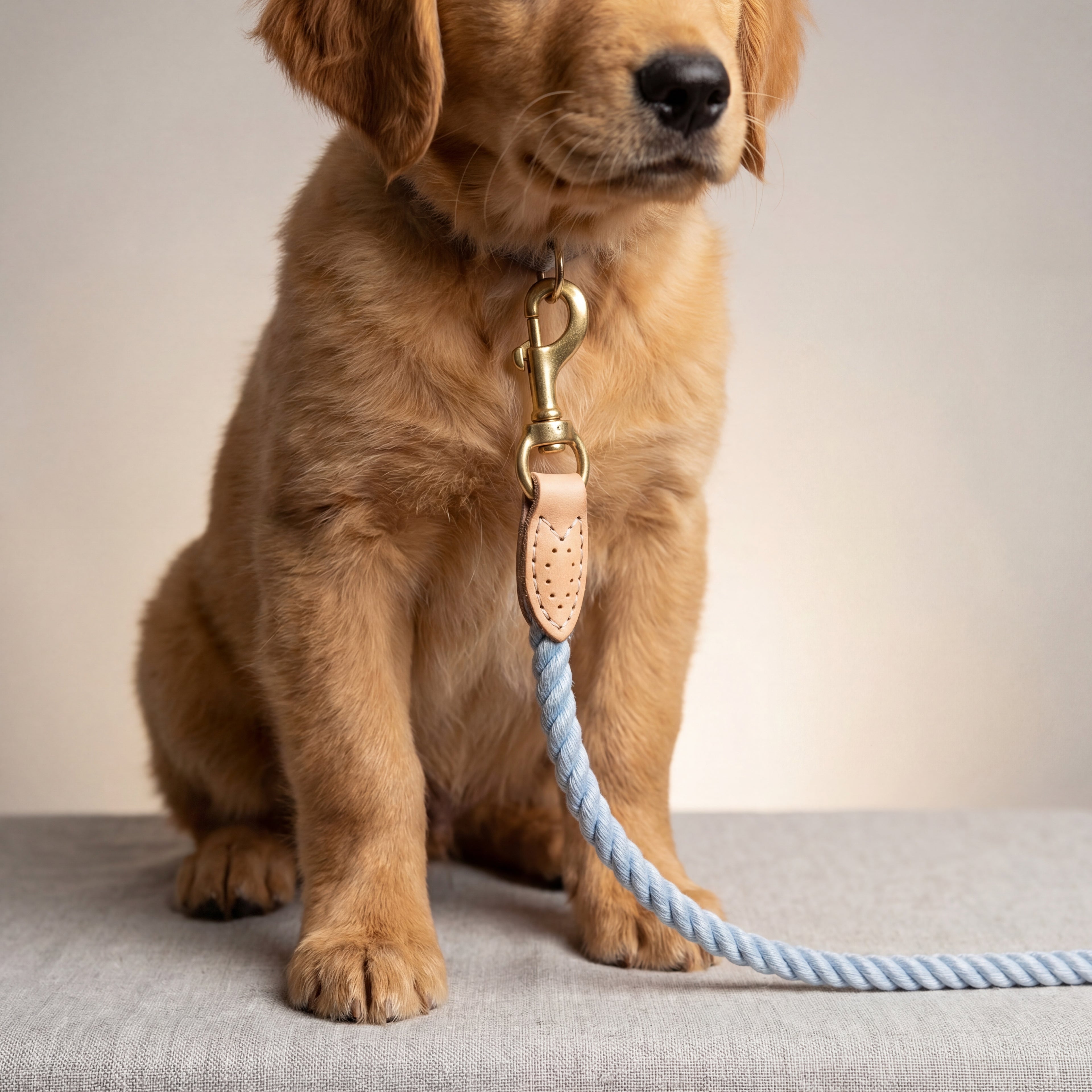 Puppy with a blue leash and gold clip on a neutral background