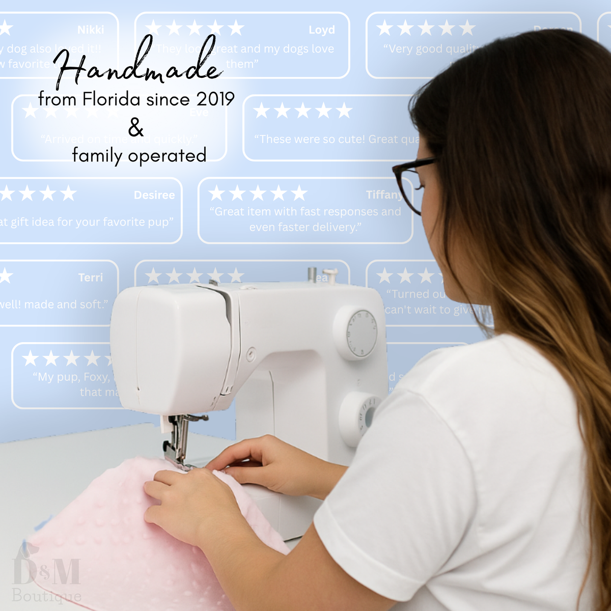 Person using a sewing machine with promotional text about 'Handmade from Florida since 2019 & family operated' on a blue background.