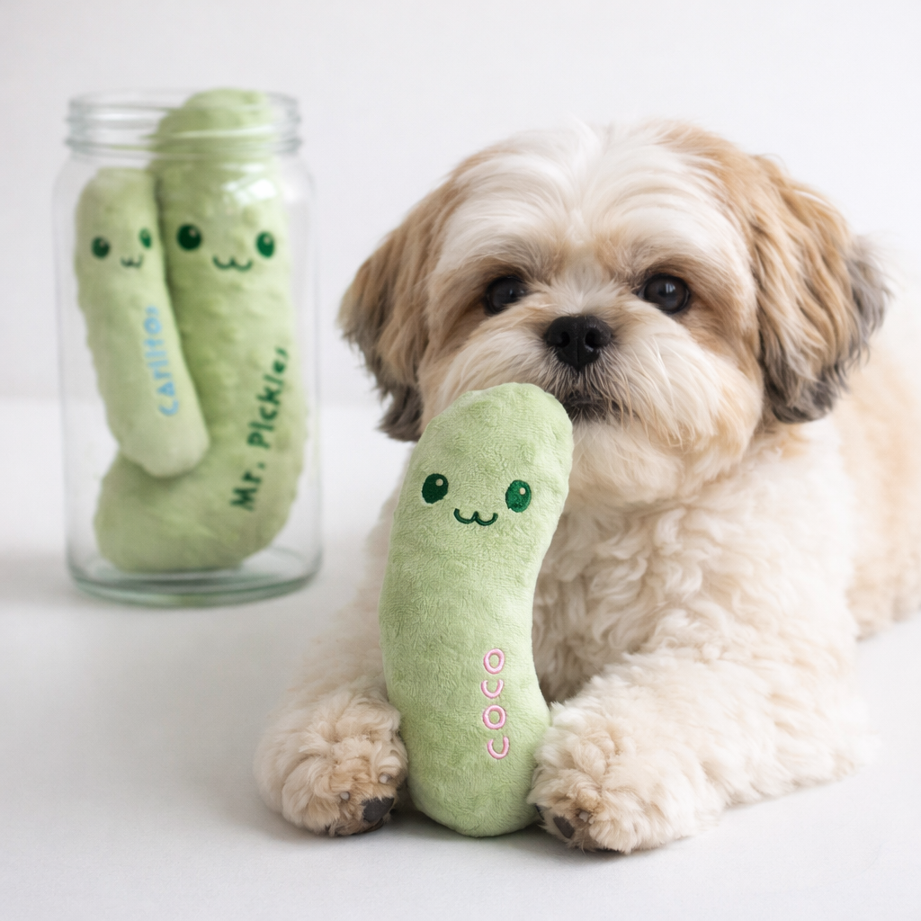 Dog playing with a green plush toy resembling a pickle, with another similar toy in a jar.