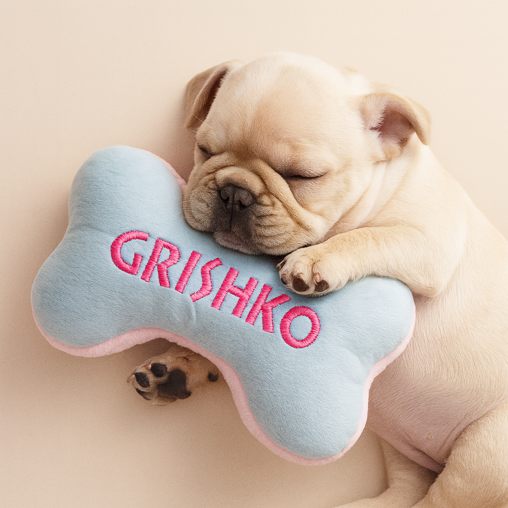 Puppy lying on a bone-shaped pillow with 'GRISHKO' embroidered on it against a beige background