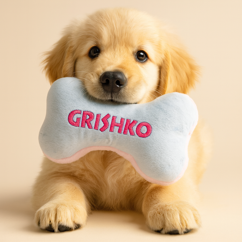 Puppy holding a bone-shaped toy with 'GRISHKO' branding on a beige background